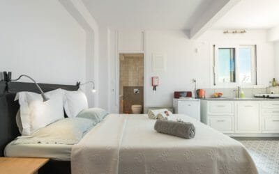 Kalamata Top Rooms City Penthouse ENA Bedroom and Kitchenette